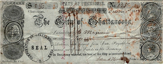 $2.25 City of Chattanooga scrip 1857